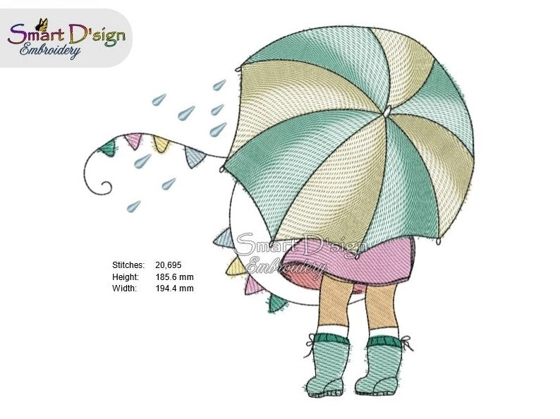 KLEINE LOLA mit Regenschirm - Doodle Zeichnung Stickdatei