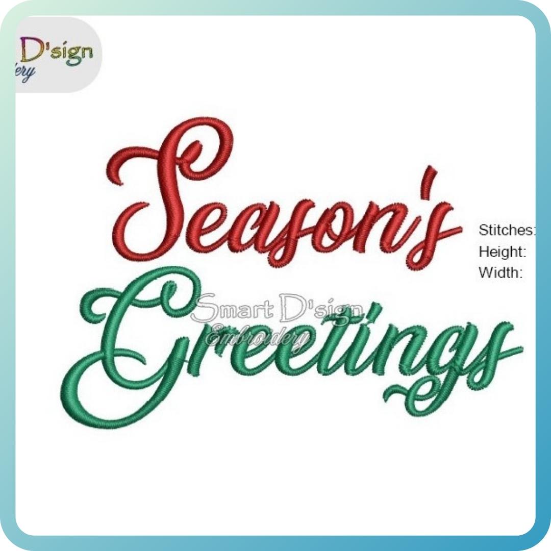 Embroidery design of the phrase 'Seasons Greetings' in red and green thread, machine embroidery design