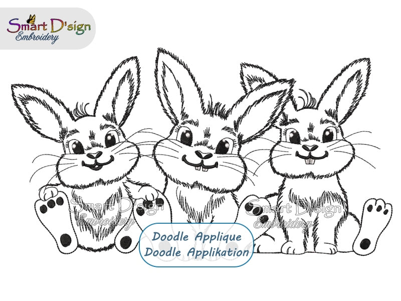 THREE LITTLE BUNNIES Doodle Applique